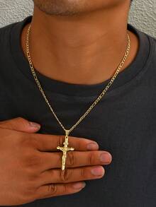 1 pieza Collar minimalista y elegante con cruz de Jesús para hombres, de estilo vintage, adecuado para exhibir la fe diaria, actividades y atuendos casuales - Amarillo Oro - Ver 6