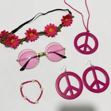 Ensemble d'accessoires de style hippie turquoise incluant des lunettes, un bandeau, un collier avec symbole de paix et des boucles d'oreilles, pour femmes pour Halloween