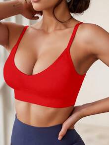 1件纯色休闲露背运动文胸，女士款，无缝舒适细肩带性感V领时尚运动吊带背心，适合日常穿着、瑜伽等春季运动。 - 紅色 - 查看 4