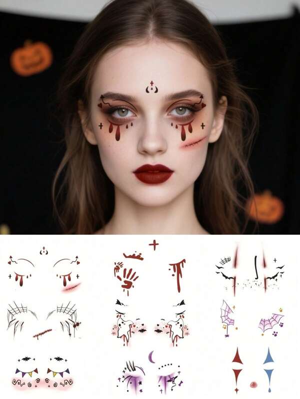9 Sheets Halloween Face Realistic Halloween Temporary Tattoos Women Waterproof With Ghost Palm Spider Web Scar Clown Eyeshadow Stickers For Eye Makeup Halloween Music Festival Party Cosplay