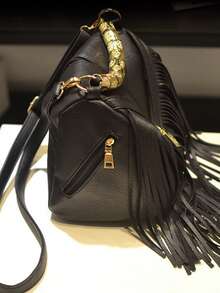 New European And American Style Tassel Handbag, Versatile Shoulder/Crossbody Soft Bag - Black - View 4