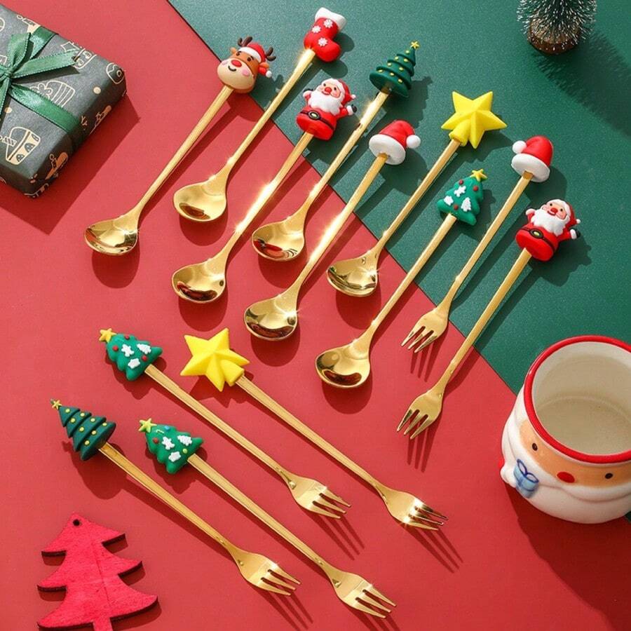 14pcs Christmas Doll Dessert Fork Spoon Set Christmas Tree Coffee Spoon, Fruit Fork Cartoon Santa Claus Christmas Gifts Suitable For Holiday Gatherings, Holiday Parties, Family Dinners, Etc. Smooth Washed, Reusable