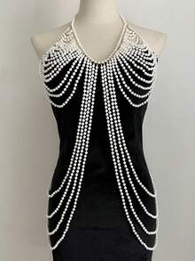 ZHENGHEN 1件装奢华法式性感长款珍珠项链，多层V领锁骨链，毛衣项链 - 白色067 - 查看 5