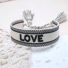 1 pieza Pulsera casual de estilo vacacional bohemio Adjustable con bordado creativo, hecha a mano, adecuada para amigos, familia, parejas, regalos festivos, fiesta, viaje, uso diario, cordón de bendición - Blanco y Negro - Ver 5