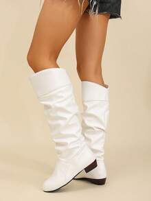 Bốt cao đến đầu gối, thoải mái, thanh lịch và hợp thời trang dành cho nữ, bốt cao gót đế dày, mũi tròn, xếp ly cỡ lớn, Bộ sưu tập Thu/Đông 2025 mới, Dự tiệc - trắng - Xem 7