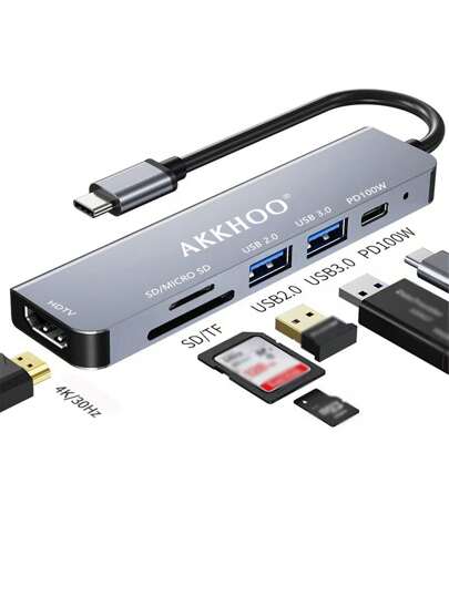 Type-C Hub Dock For Mobile Phones And Computers, 1-To-6 USB Splitter Hub, 4K Screen Mirroring Converter With PD Charging USB Dock