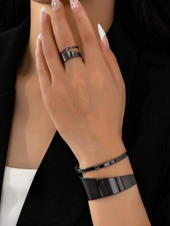 1 set Bracelet et bague minimaliste géométrique creux à double couche pour femmes, mode polyvalente pour fête, bal, cadeau de vacances