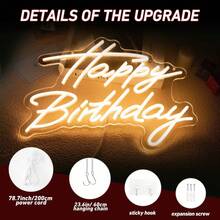 1pc Happy Birthday Neon, LED Happy Birthday Lights, For Wall Decoration, Adjustable Light And Powered By USB, Suitable For Any Age Happy Birthday LED Sign Bday Party Celebrations, Birthday Gifts - 生日快樂黃色 - 查看 5