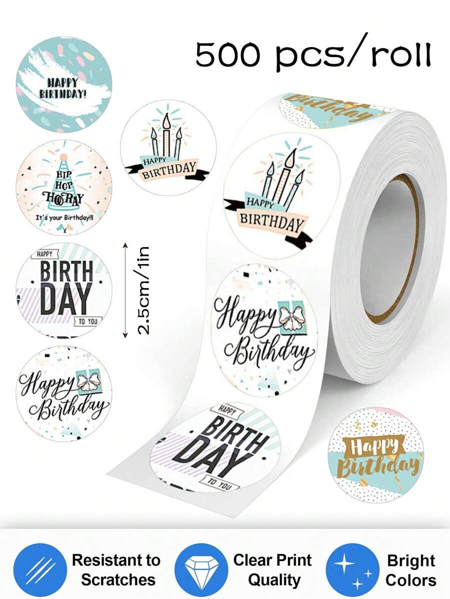 500 张生日快乐主题贴纸，谢谢密封标签，1 英寸圆形，适用于剪贴簿、派对用品和礼品装饰 - 自粘、一次性、圆形、光面、卷起、剪贴簿、用于学校用品、返校 - 生日貼紙1卷500貼 - 查看 1