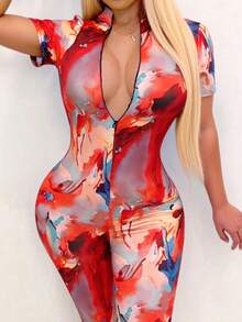 Street Style Women's Tie-Dye Print Fitted Short Sleeve Jumpsuit - Multicolor - View 3