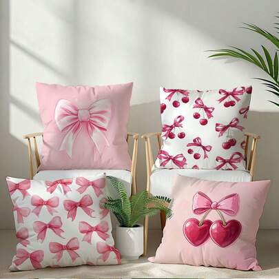 4pcs Pink Cherry Blossom Bow Decorative Pillow Case Set, Single-Sided Soft Peach Velvet Material, 45*45/50*50/40*40CM Cushion Cover Suitable For Indoor Decor, Party Decoration, Decorative Pillow Gift