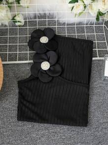 1PC Women Summer Outfits For Women Black Elegant Cute Casual Vest Round Neck Cami Top, 3D Flowers Pearl Design, Suitable For Daily Wear, Street, Commuting, Home, Office, Back To School, Dates, Beach Wearing Women Tank Tops & Camis