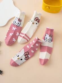 4 Pairs Cute Cartoon Multicolor Jacquard Sanrio Hello Kitty Heart Striped Pattern Kids Socks, Breathable Sports Socks, All Season, European Size, Comfortable, Durable, Vibrant Colors, Suitable For Daily Wear, Premium Fabric, Non-Stuffy