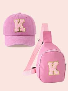 2pcs/Set Girls' Pink Baseball Cap With 26 Letter Truck Cap & Mini Backpack Set, Lightweight Portable Coin Purse, Suitable For Daily Outdoor Sun Protection