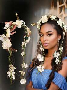 1pc Women Elegant White Vine Floral Crown, High Crown Pressure Headband, Braided Hair Accessory, Suitable For Wedding, Bride, Beach Vacation, Daily Outfit Ornament, Boho Style Decorative Hair Hoop, Hair Accessories ,Hairband For Women