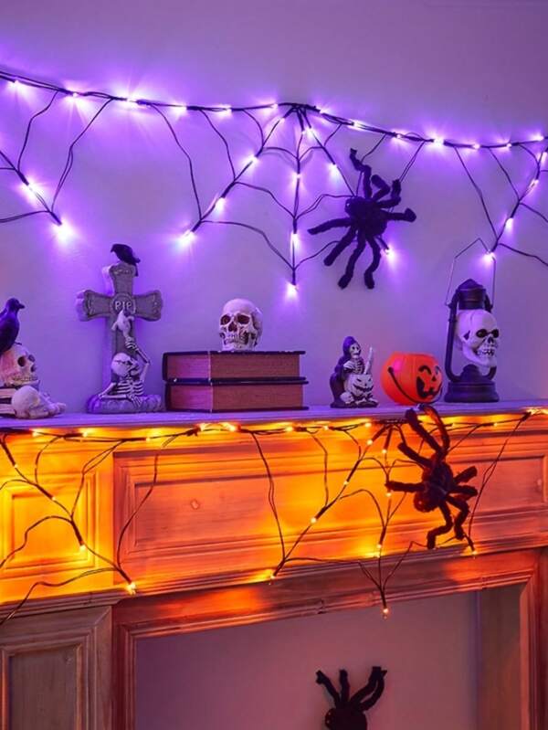 Halloween Spinnennetz Licht LED lila Licht, orange Licht, Halloween Lichterkette geeignet für Partys, Schlafzimmer, Bars, Spukhäuser, Halloween dekorative Atmosphärenbeleuchtung (ohne Spinnen) Halloween Raumdekoration Halloween Gartendekoration als Geschenk Feenferien Dekoration Festivaldekor