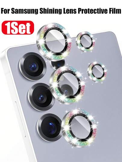 1 件彩色闪亮闪光镜头保护膜，带辅助定位板，易于粘贴，防刮，兼容三星 Galaxy S22/S23/S24 Ultra、S23 FE、S24 FE、A16、S25 Ultra、S25、S23 FE 适用于日常防护、办公室、家用手机摄像头盖防水防震防摔防摔防指纹全覆盖