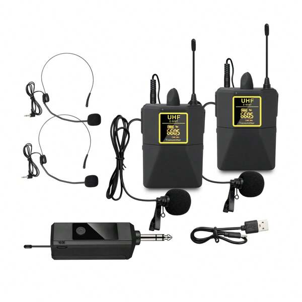 UHF Wireless Microphone System Kit - Portable Professional Cordless Microphone Set With Headset, Lavalier, Transmitter, Receiver - Karaoke & Conference