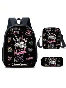 3D Fully Printed Cartoon Sanrio Kuromi 3 Pieces Backpack Primary School Bag Children's Lunch Bag Pencil Bag Set Anime Kawaii Cartoon School Bag