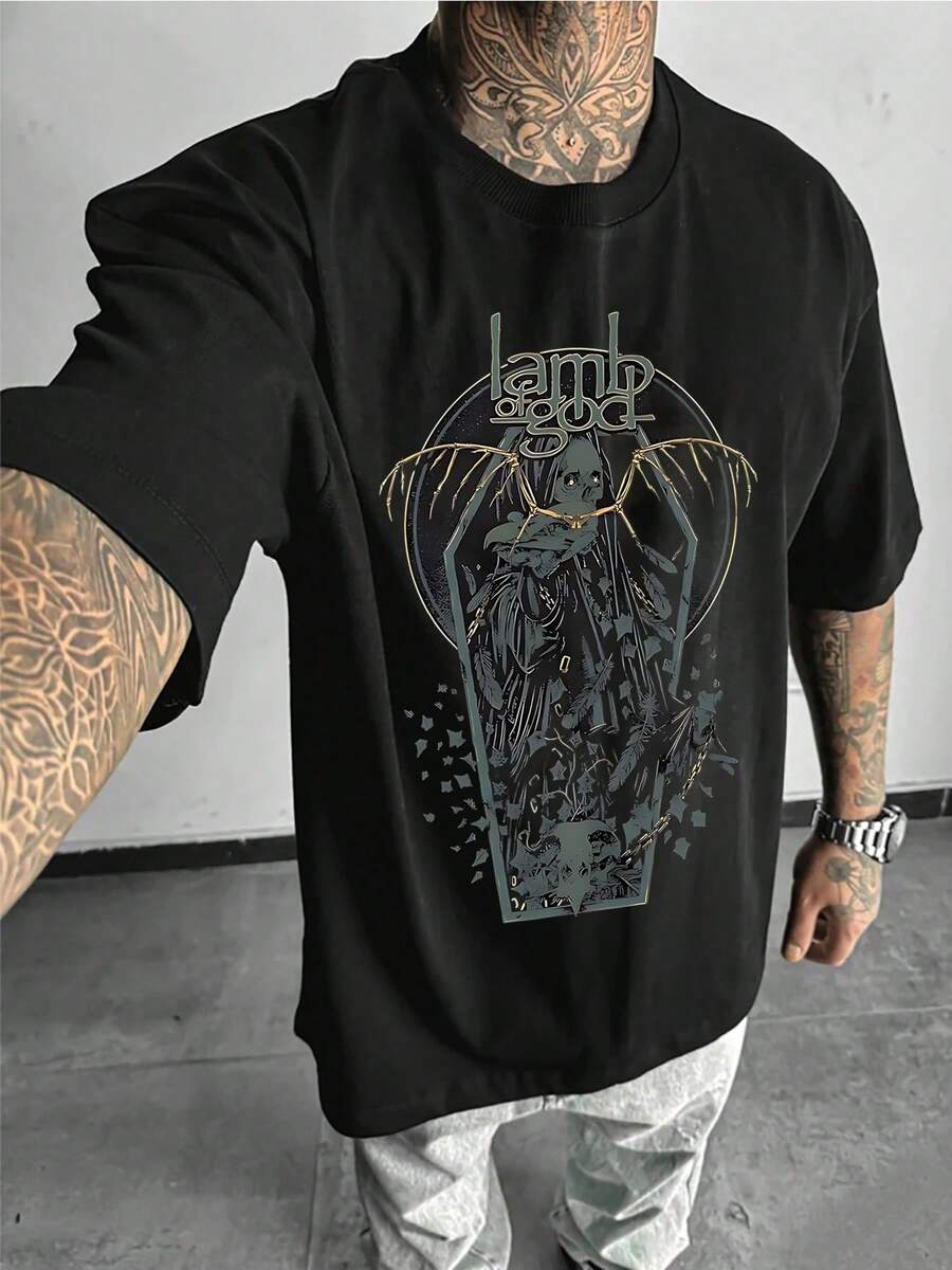 Camiseta con estampado artístico oscuro de la banda Lamb of God para hombre, camiseta informal de manga corta y cuello redondo para primavera y verano, cuello redondo, mangas cortas, 100% algodón, algodón grueso de 220 g - Negro - Ver 1