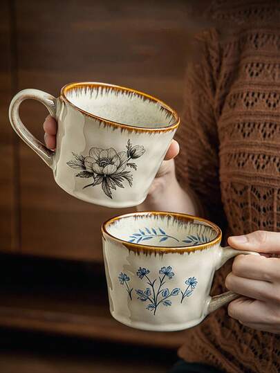 كوب فخاري مزخرف بلوحة زهور يدوية الطراز الرجعي، كأس أنيق للشرب، للماء والقهوة والشاي والحليب والعصير، مناسب للاستخدام المنزلي والمكتبي