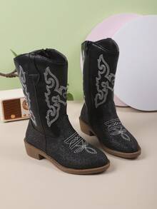 秋冬新款儿童靴子，刺绣尖头粗跟轻便时尚踝靴，适合女孩户外、派对、活动