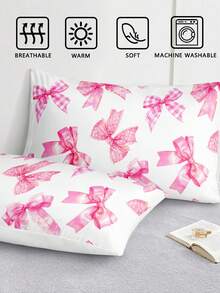 3件套水彩粉色蝴蝶结可爱数码印花羽绒被套（1个羽绒被套+2个枕套，无填充物），柔软亲肤涤纶纤维，适用于卧室、宿舍、所有季节