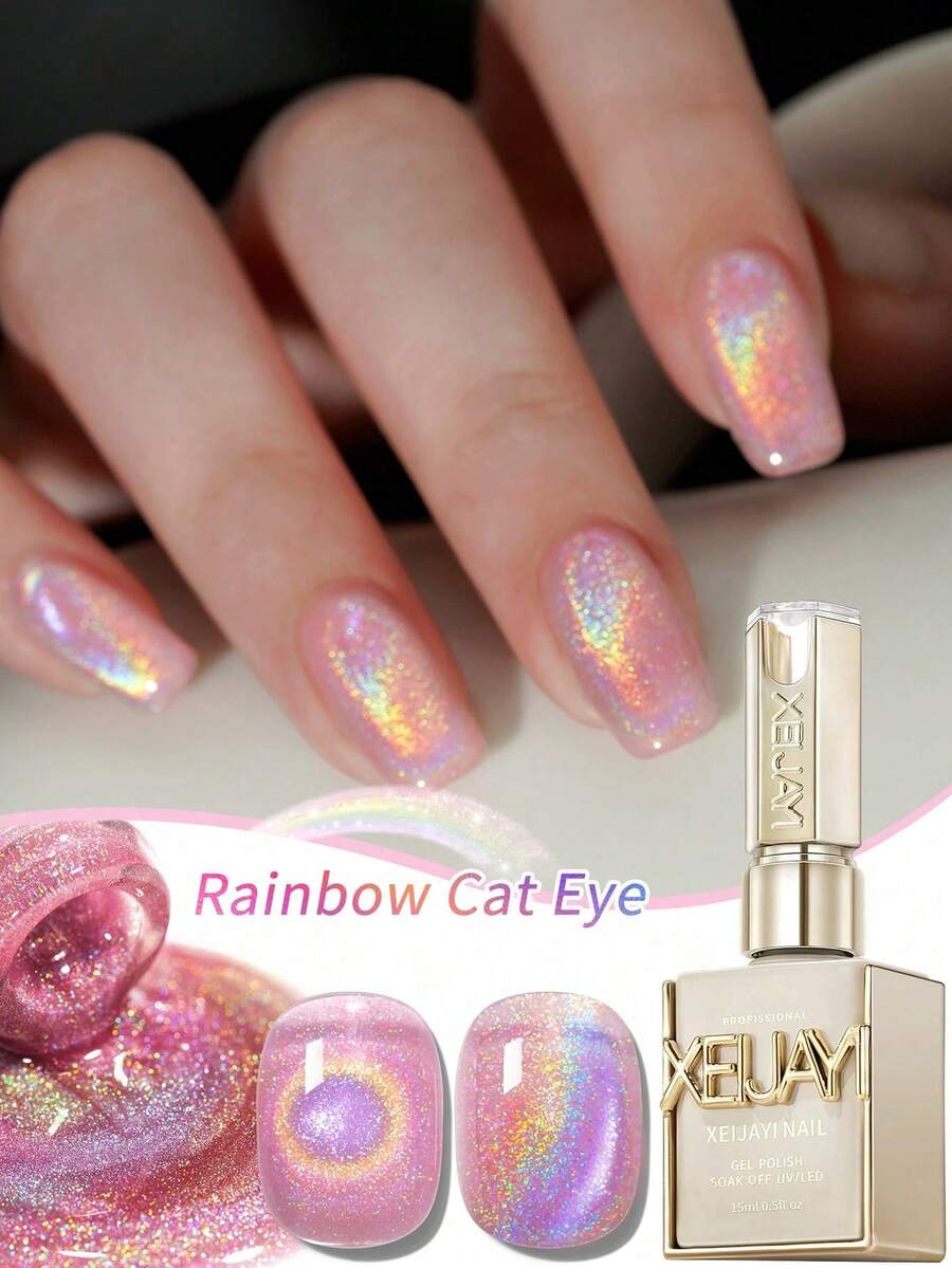 XEIJAYI 1Pc 15Ml Rainbow Cat's Eye Nail Polish Soak Off UV LED Gel Varnish Nail Art For Women DIY-No Magnetic Stick Included - Hồng - Xem 1