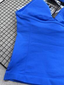 女士瑜伽运动文胸无袖露脐运动上衣，弹力健身运动背心，透气 - 藍色 - 查看 6