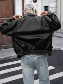 女士超大款仿皮夹克 时尚摩托车外套 休闲穿搭 Y2K 上衣 - 黑色 - 查看 8