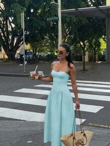 女士纯色拼接抽绳性感通勤优雅休闲度假春夏连衣裙 - 青碧色 - 查看 2