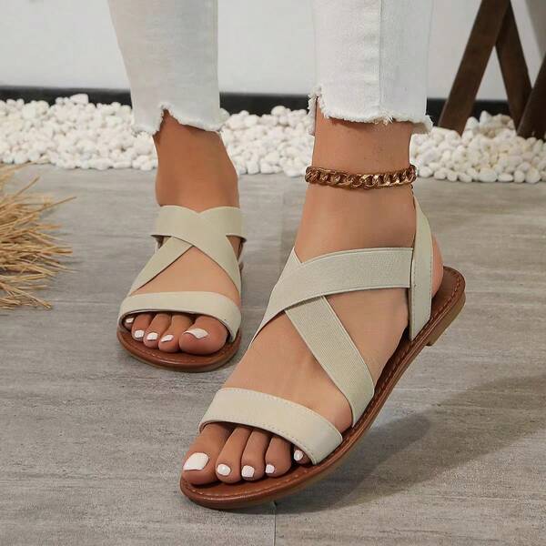 Plus Size Women Sandals Open Toe Elastic Band Rubber Flat Crossed Strappy Roman Sandals
