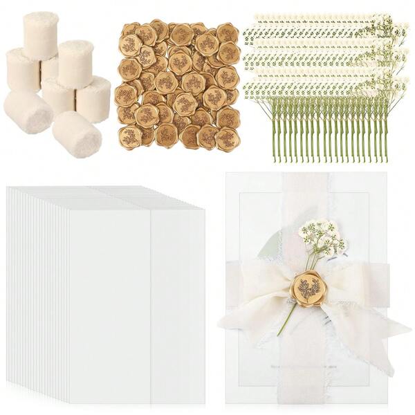 30 Sets Pre-Folded Vellum Jackets For 5x7 Invitation & Bronze Eucalyptus Wax Seal Stickers & Chiffon Ribbon & Dried Gypsophila, Wedding Invitations Wraps Bulk, Translucent Paper Wraps, Elegant DIY Solution For Wedding, Bridal, Birthday Invites