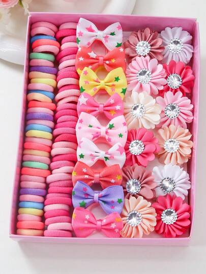 110pcs Girls Multicolor Bow Hair Ties, Simple Princess Style Hair Scrunchies, High Elasticity Non-Damaging Hair Bands, Sweet Hair Ropes, Small Hair Ties, Rhinestone Flower Hair Clips, Alligator Clips, Versatile Hair Accessories, Suitable For Daily Use, Gift, Gifts, Bows, Cute, Head Accessories, Hair Claw Clip