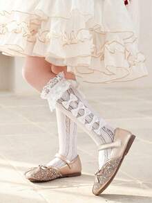 1 双女童蕾丝袜，可爱蝴蝶结和心形装饰中筒网眼袜，透气，洛丽塔风格时尚休闲柔软舒适运动百搭袜子，适合日常生活、旅行、度假、返校 - 白色 - 查看 6