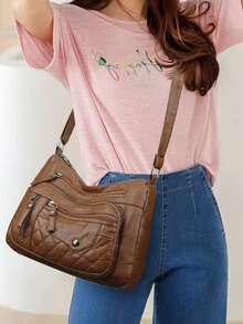 新款多功能中年女性手提包、妈妈包、婆婆包，柔软皮革质感单肩斜挎包 - 棕色 - 查看 6