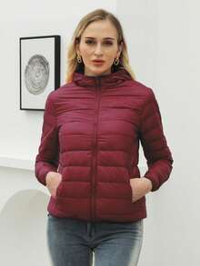 ZIAI Women Long Sleeve Hooded Down Coat Regular Length Warm Filled Jacket With Pockets And Zipper - Burgundy - View 3