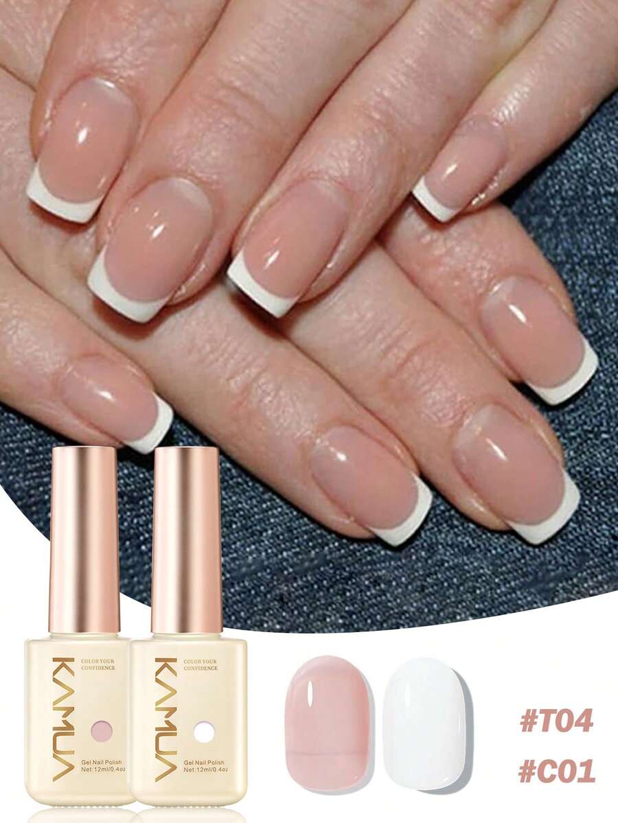 KAMUA 12ml French Manicure Gel Nail Polish Set - 2 Bottles Of Nude, Pink And White Gel Nail Polish, Suitable For Nail Salons, Long-Lasting, Requires UV Lamp, Spring/Summer Manicure, Minimalist & Delicate Style, Gift For Women Nails - 彩色 - 查看 1