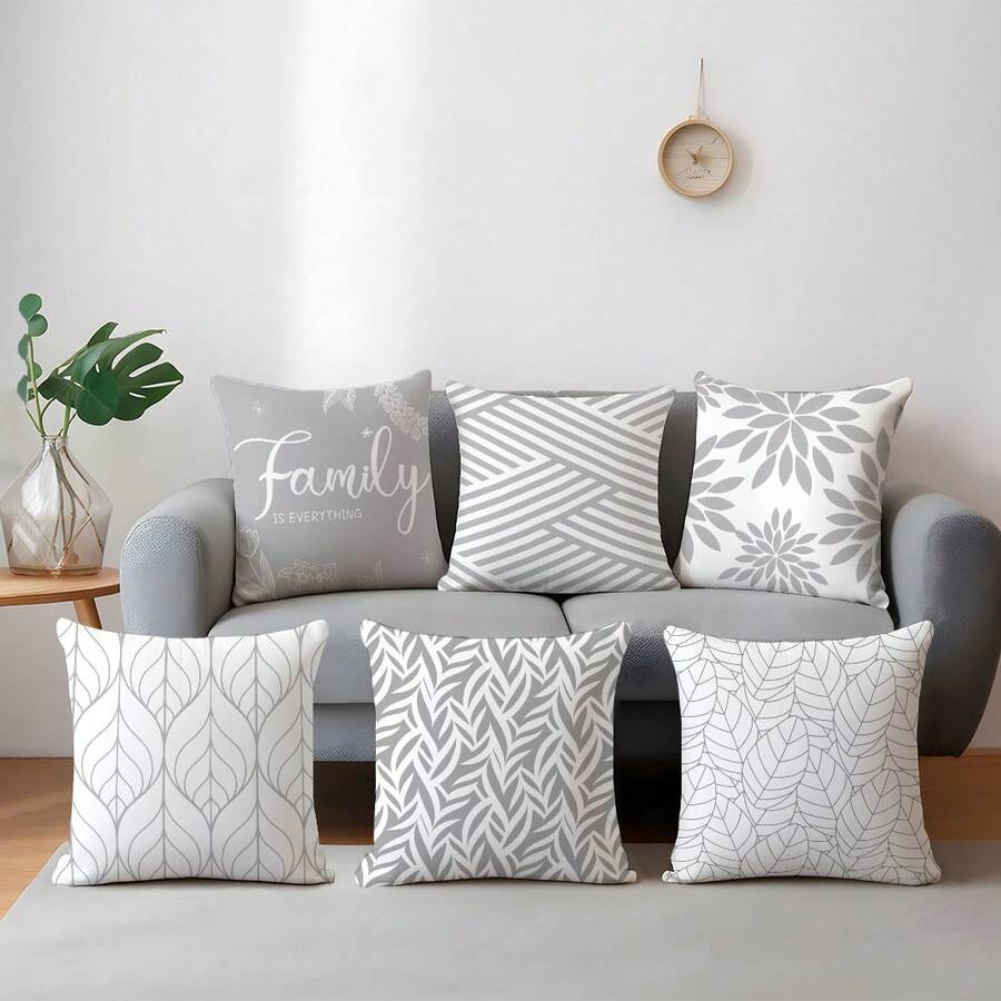 6pcs Set Simple Daily Gray Geometric Line Decorative Pillow Covers, Single-Sided Printed Peach Velvet Material, 45*45/50*50/40*40CM Cushion Covers Suitable For Modern Minimalist Sofa Living Room Decor, Gift, Party Decoration - 6pc-gray - View 1