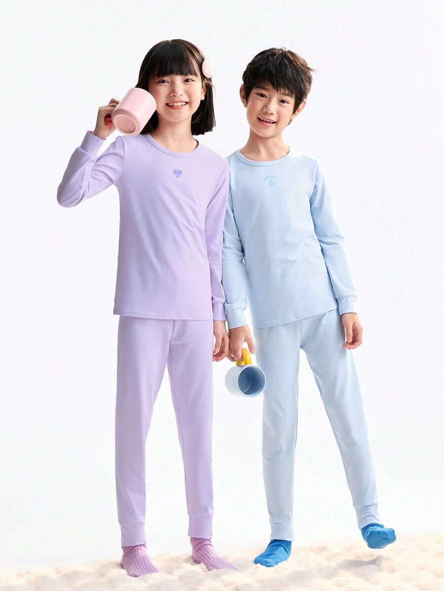 Annil 女童装女童装男童装女孩装青少年秋季上衣裤子套装家居保暖服装打底秋季上衣裤子 - 紫色 - 查看 1