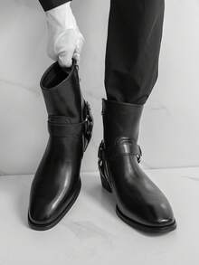 Men's Western Style Side Zipper Motorcycle Boots, Chunky Heel Boots - Black - View 4