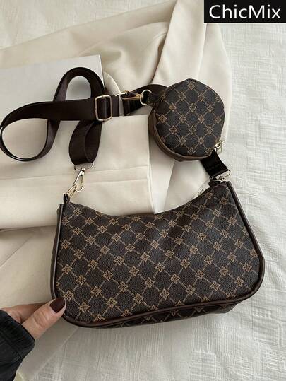 2pcs Fashionable Colorblock Geometric Pattern Crossbody Bag Set