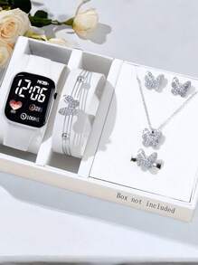 6 Stücke/Set LED Liebesuhr + Legierungs-Diamant Schmuckset mit kleinem Schmetterling/Schleierkraut/Herz/Schleife/Krone, bestehend aus Halskette, Armband, Ohrstecker, Ring, geeignet für den täglichen Gebrauch, schlicht und elegant, die beste Wahl für Halloween, Weihnachten, Valentinstag, Muttertag, Urlaubsgeschenke