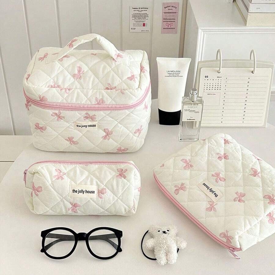 Bộ 3 túi đựng mỹ phẩm nơ tối giản, phong cách Hàn Quốc, dung tích lớn, tiện dụng, thích hợp cho du lịch, túi đựng đồ dùng cần thiết khi đi du lịch ngoài trời, kỳ nghỉ học, đồ dùng học tập cho ngày lễ trở lại trường, túi đựng đồ trang điểm du lịch cho nữ - Hồng - Xem 1