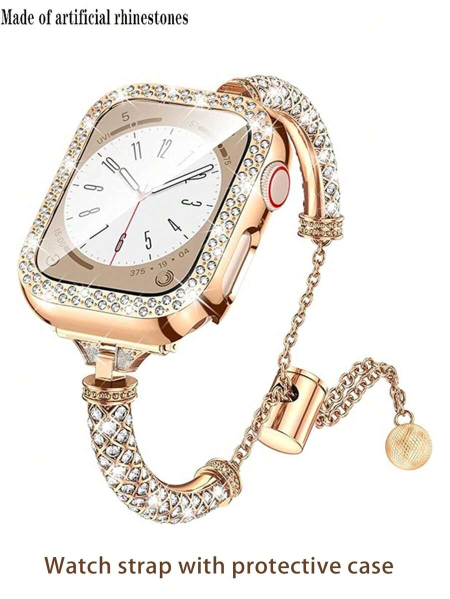 2-In-1 Rose Gold Protective Case + Cylindrical Rhinestone Metal Strap Set For Apple Watch - Bracelet Design Replacement Strap [38/40/41/42/44/45/46/49mm] | Women's Sparkling Crystal Soft Strap For Ultra/SE/10/9/8/7/6/5/4/3/2/1 Series
