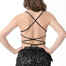 Woms Glitter Sequin Crop Top Low-Cut Top Rave Tube Vest Top Belly Dance Costume Outfits - Đen Hồng Bạc - Xem 4