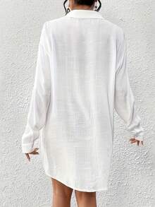 New Women Plus Size Casual Long Sleeve Breathable Solid Color Shirt, Spring/Summer - trắng - Xem 3