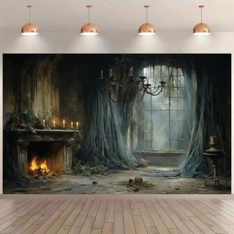 1 Piece Halloween Photography Background Cloth, Abandoned Castle Fireplace Background, Suitable For Halloween Night Party, Photo Booth Props, Holiday Gifts, Event Celebrations, Theme Parties, Multi-Purpose Decoration
