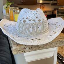 Customized Pearl Rhinestone White Straw Cowgirl Hat | Bridal Gifts | Nashville Bachelorette Party | Beachy