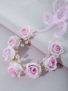 1pc Artificial Flower Colorful Faux Pearl Decorated Cute Floral Headband, Suitable For Wedding, Daily Wear, Travel And Other Occasions Hair Accessory - Pink - View 5
